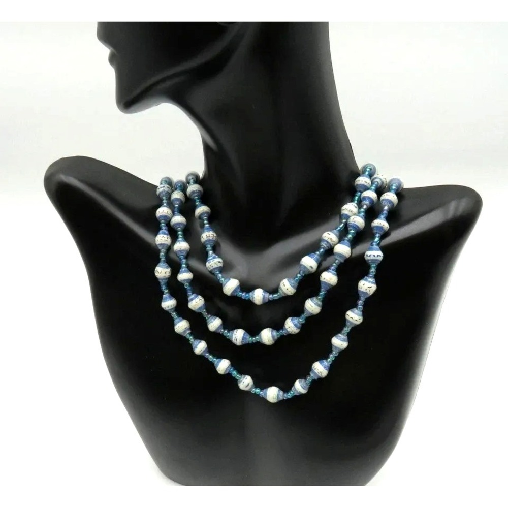 Handmade Blue White Paper Bead‎ Necklace Triple Strand Boho Costume Jewelry